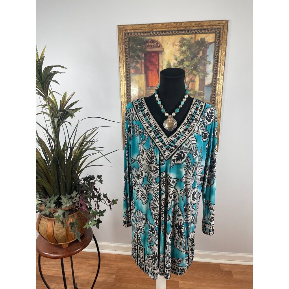 JM Collection Sheath Dress Women XL Aqua Floral V-Neck Coastal Tropical Bohemian